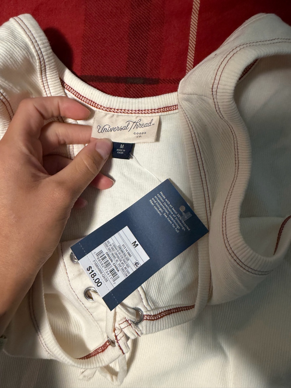 Universal Thread Cream Ribbed Tank with Red Trim - Picture 2 of 2